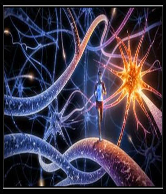 منظر يظهر الحبال العصبية وتفرعاتها ، وكذلك على اليمين (باللون الأحمر) منظر لخلية عصبية بنتوئاتها